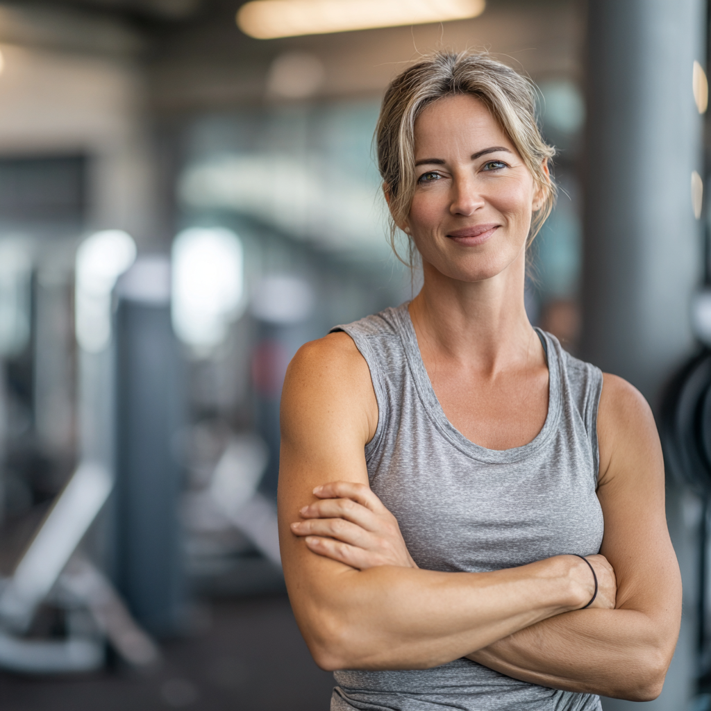 A confident woman in her late forties wearing athletic wear, standing in a bright modern gym with exercise equipment in the background, smiling and ready for workout
