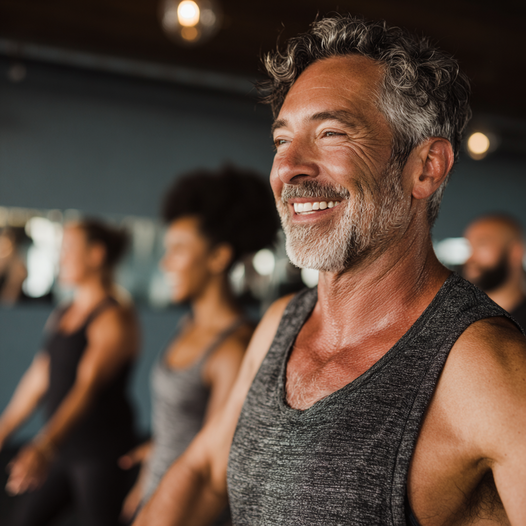 A mature man in his early fifties participating in a group fitness class, wearing comfortable athletic clothing, smiling and following exercise movements alongside other participants in a well-lit studio environment